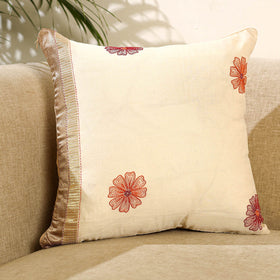 Buy Beige Kantha Work Chanderi Silk Cushion Cover
