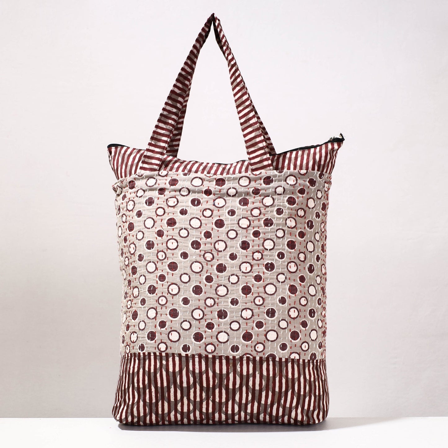 Grey - Kantha Work Block Print Cotton Shopping Bag