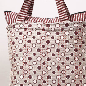 Grey - Kantha Work Block Print Cotton Shopping Bag