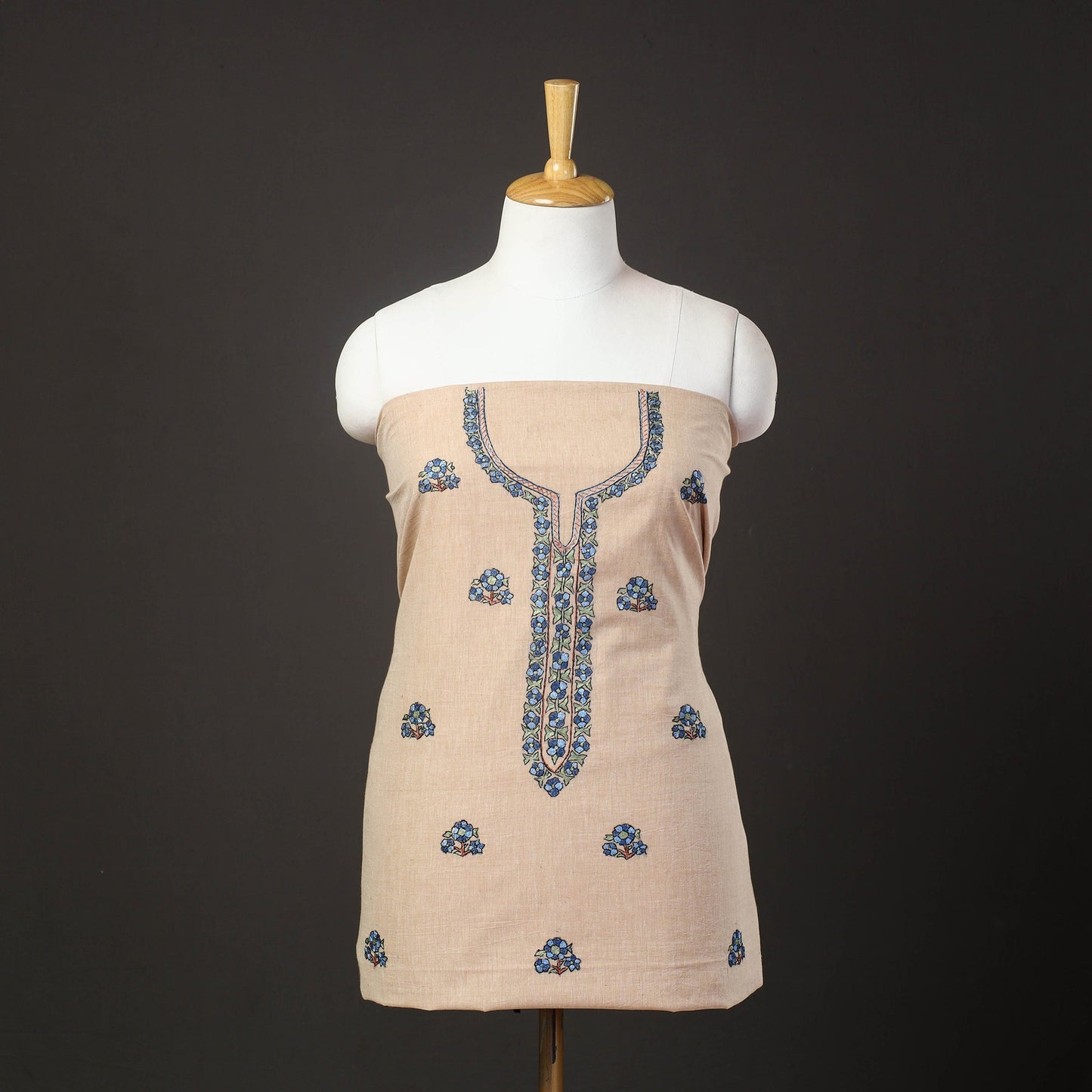 Beige - kashida hand embroidery cotton unstitched kurta