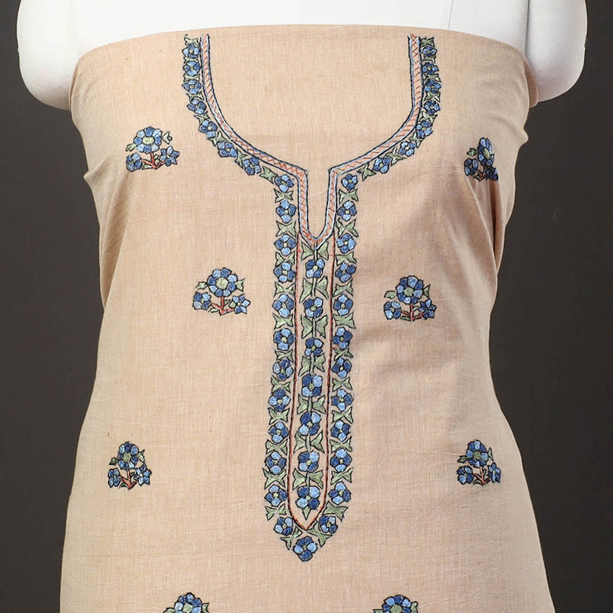 Beige - kashida hand embroidery cotton unstitched kurta