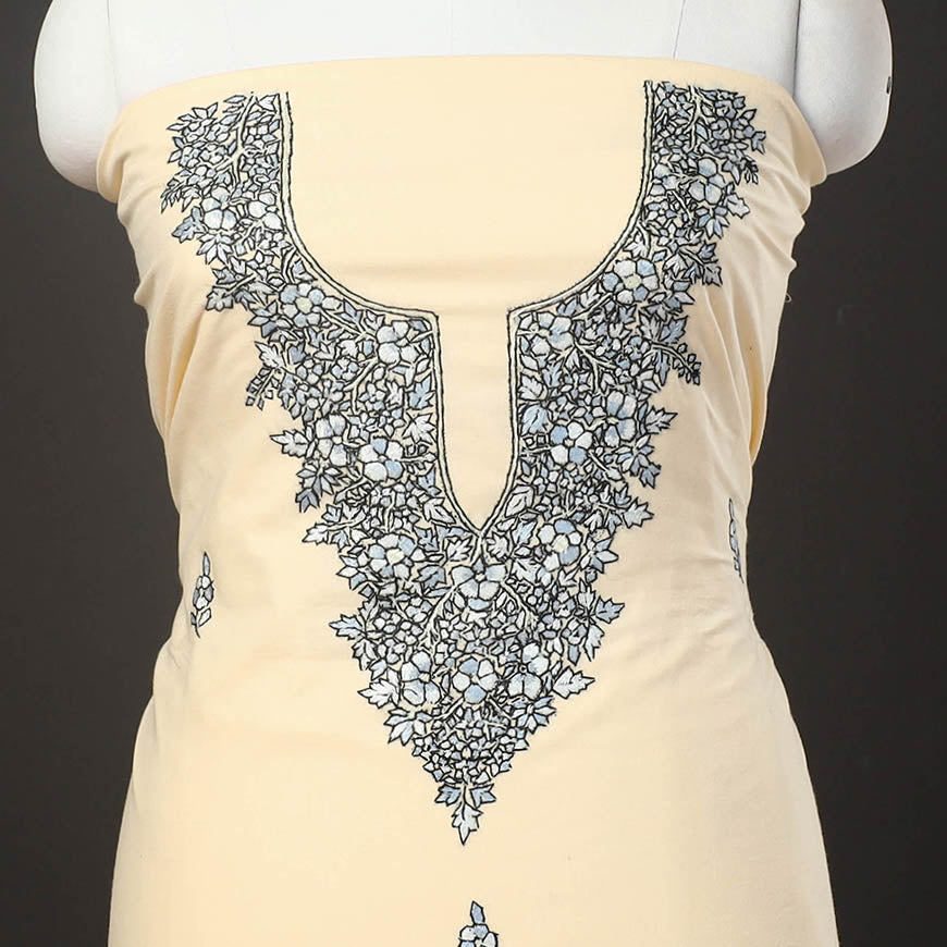  Beige Kashida Hand Embroidery Cotton Kurta Material