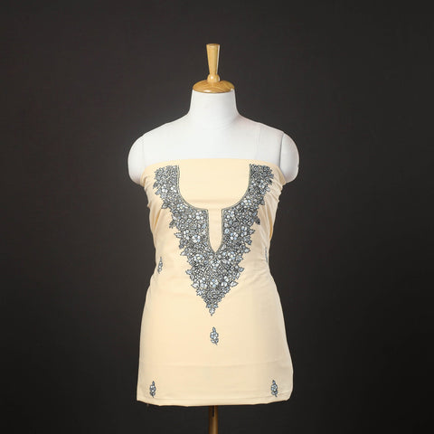  Beige Kashida Hand Embroidery Cotton Kurta Material