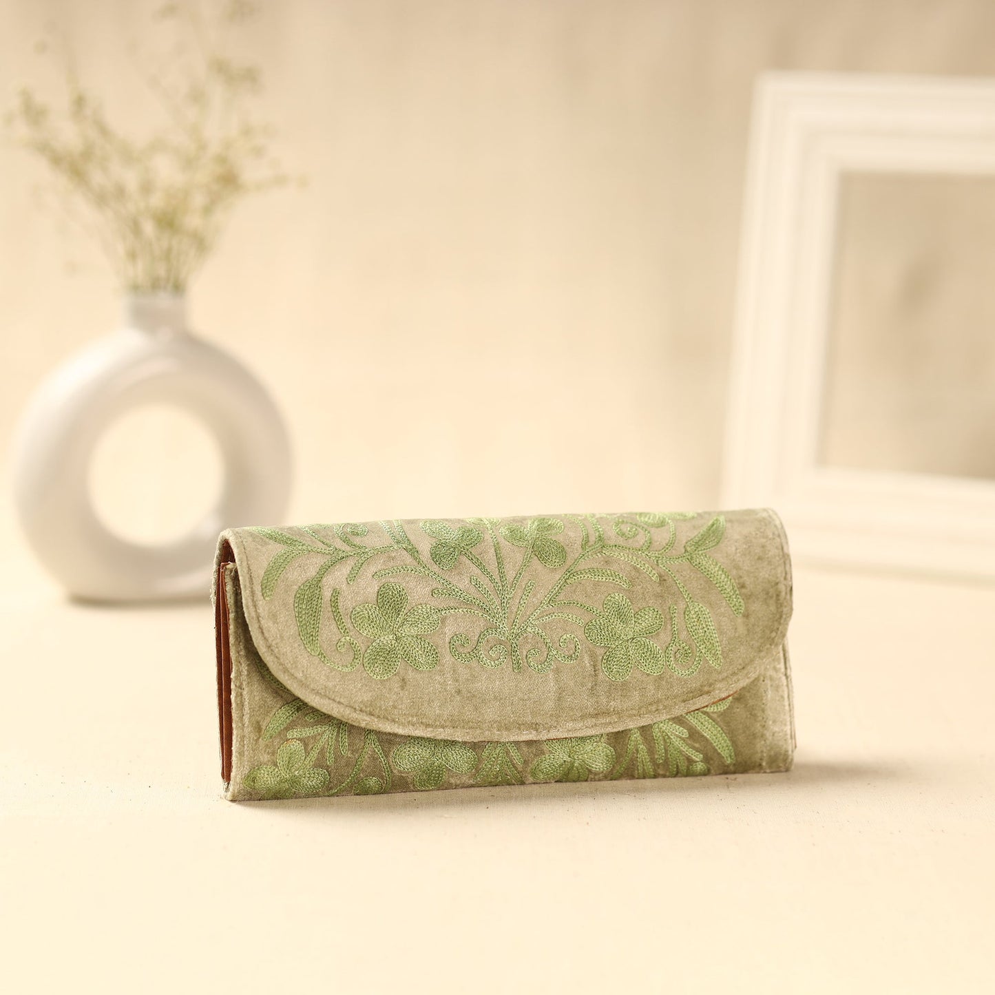  Beige Kashmiri Crewel Hand Embroidery Velvet Clutch