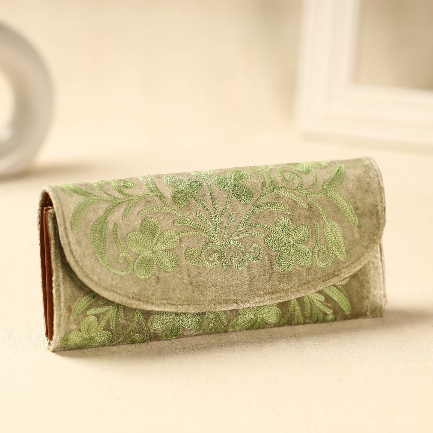  Beige Kashmiri Crewel Hand Embroidery Velvet Clutch