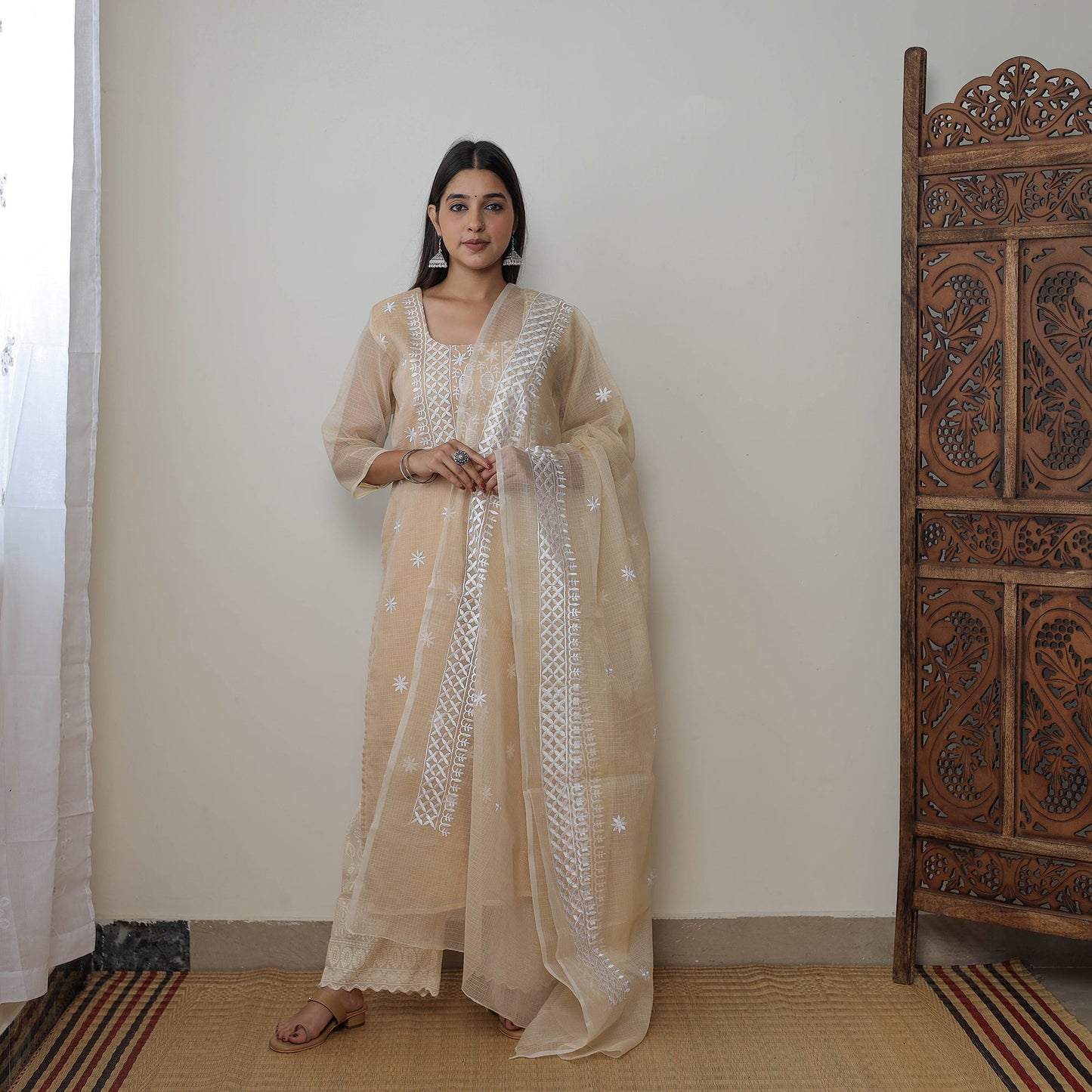 Beige Kota Doria Embroidered Suit Set – Buy Online