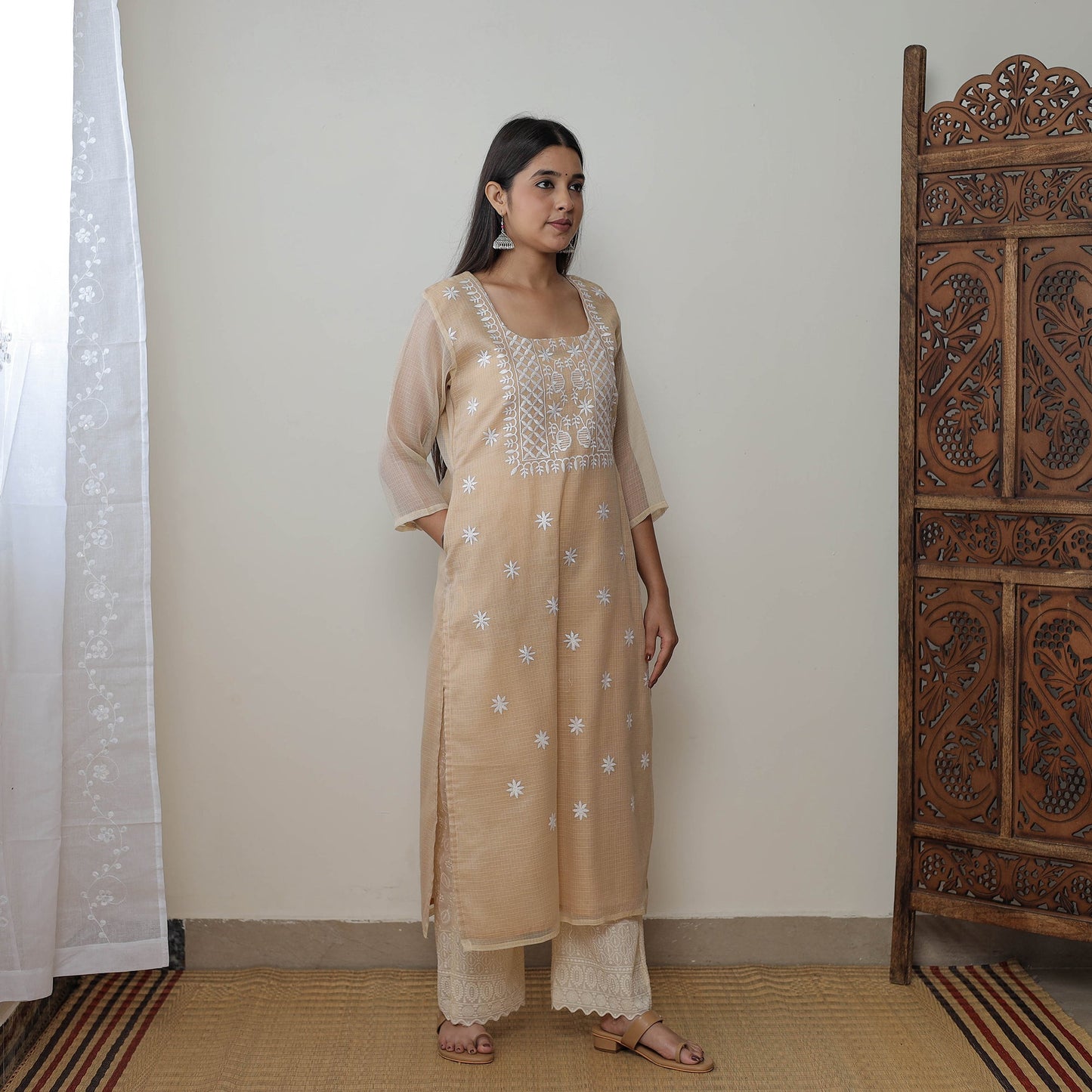 Beige Kota Doria Embroidered Suit Set – Buy Online