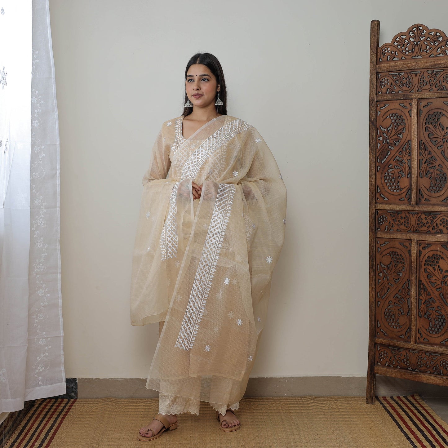 Beige Kota Doria Embroidered Suit Set – Buy Online