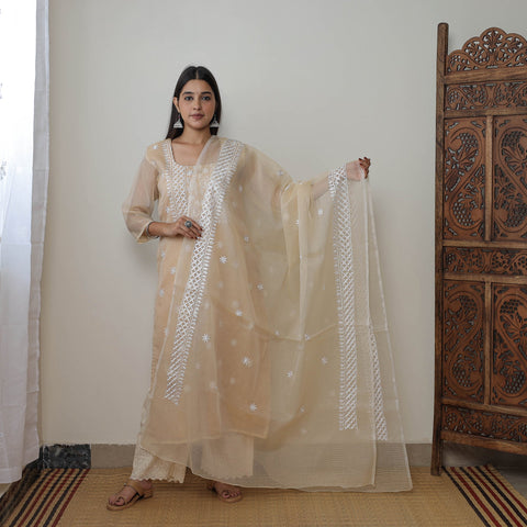 Beige Kota Doria Embroidered Suit Set – Buy Online