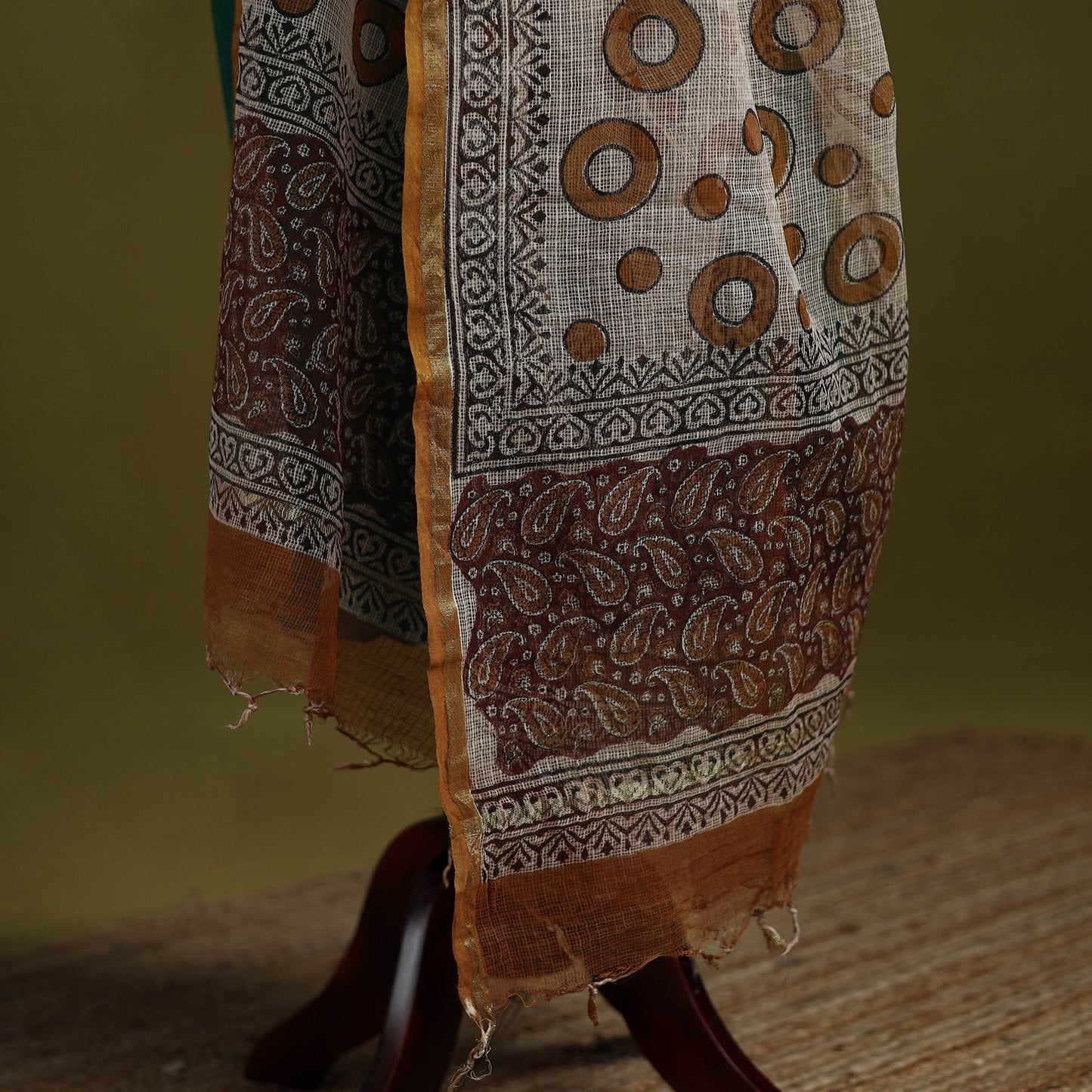 Beige - kota doria cotton hand bagru dupatta 18