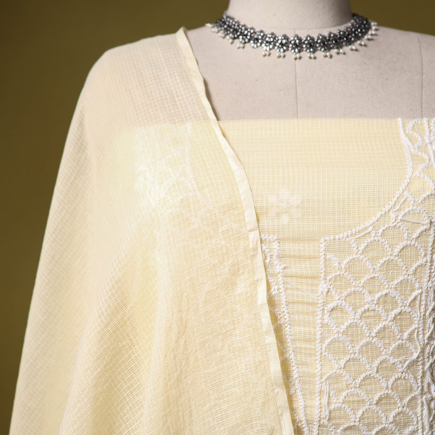 Beige - kota doria cotton lucknow chikankari 2pc unstitched
