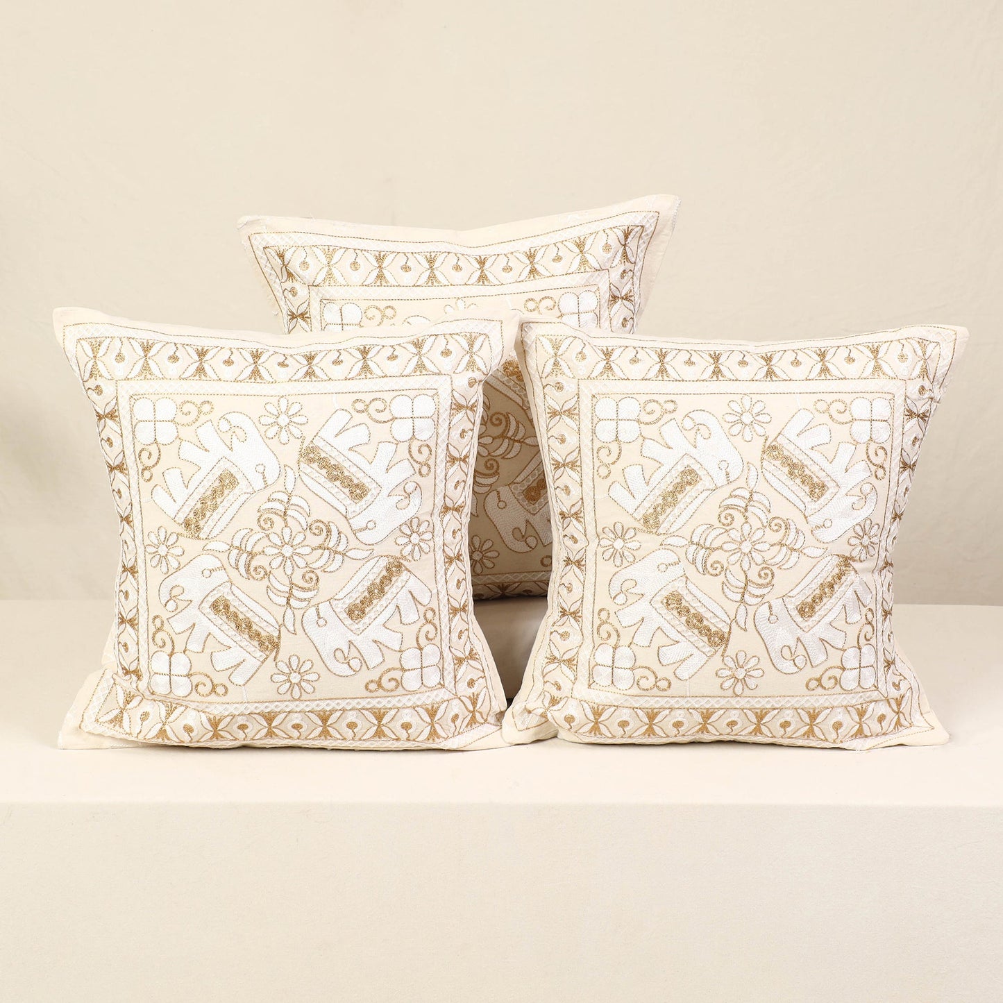 Beige - kutch aari hand embroidery cushion cover (set of 5)