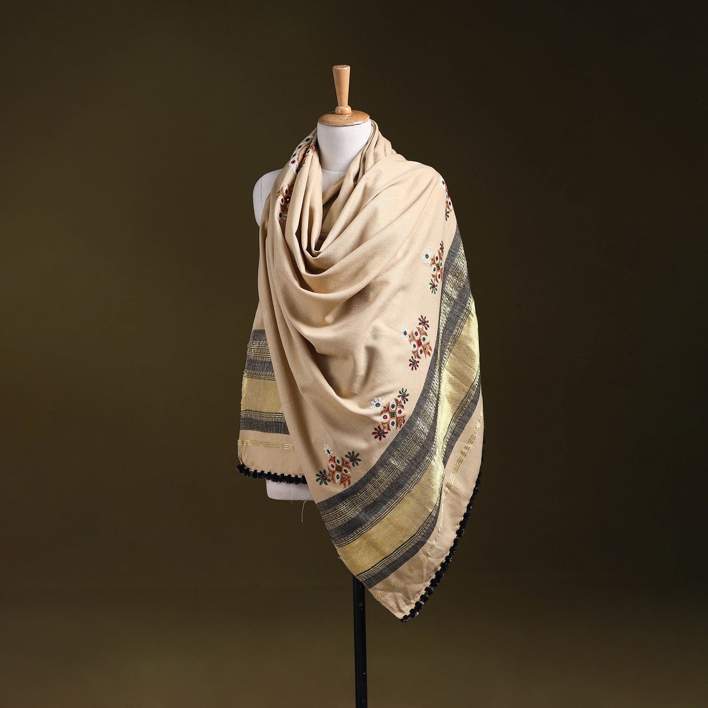 Beige - kutch ahir hand embroidery mirror work woollen