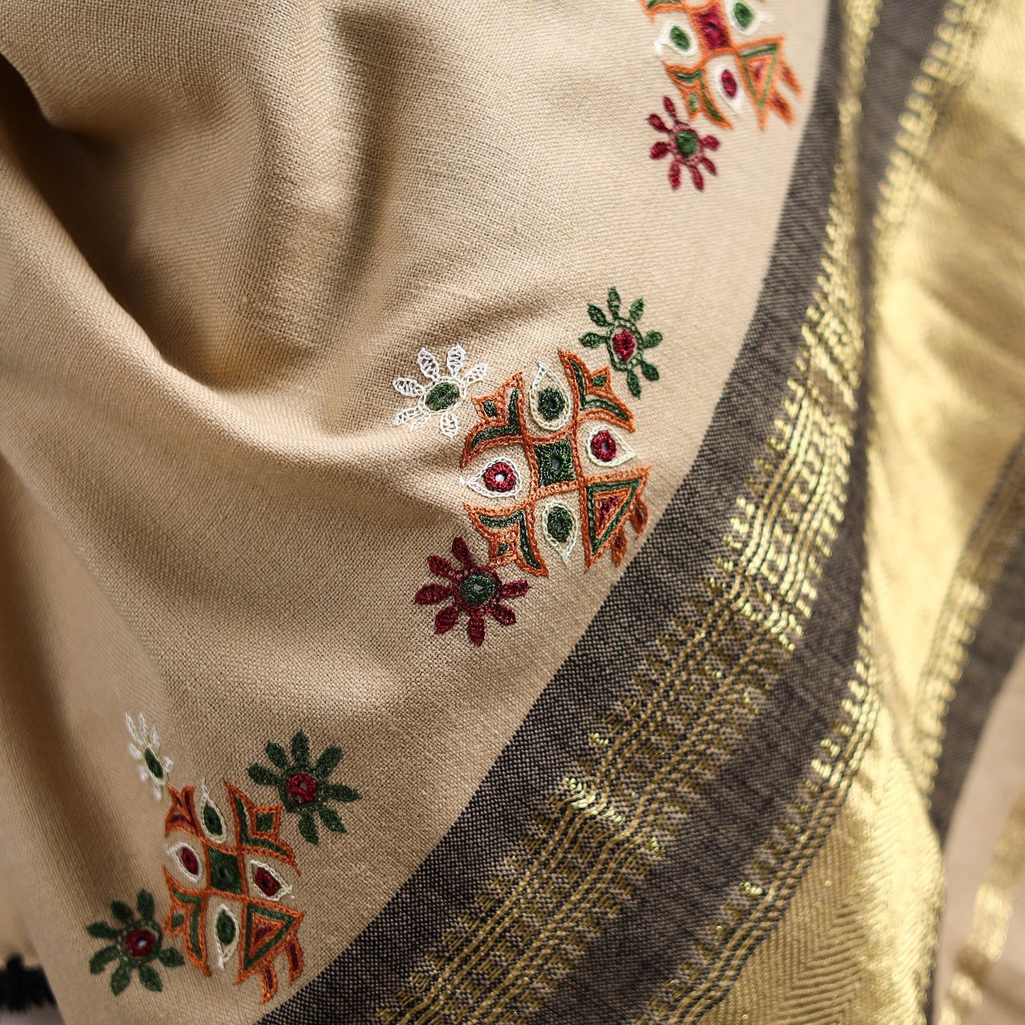Beige - kutch ahir hand embroidery mirror work woollen