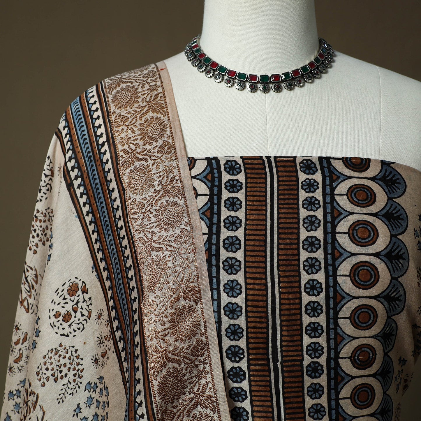 Kutch hand block ajrakh print natural dyed chanderi silk