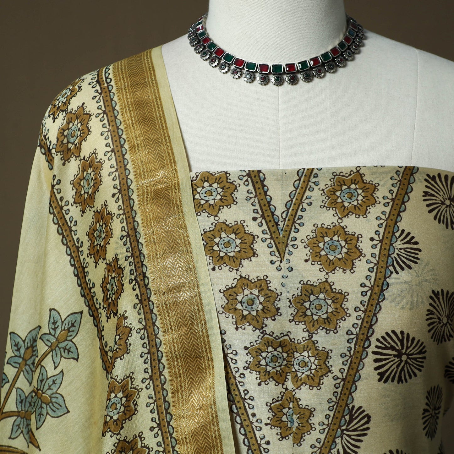 Kutch hand block ajrakh print natural dyed chanderi silk