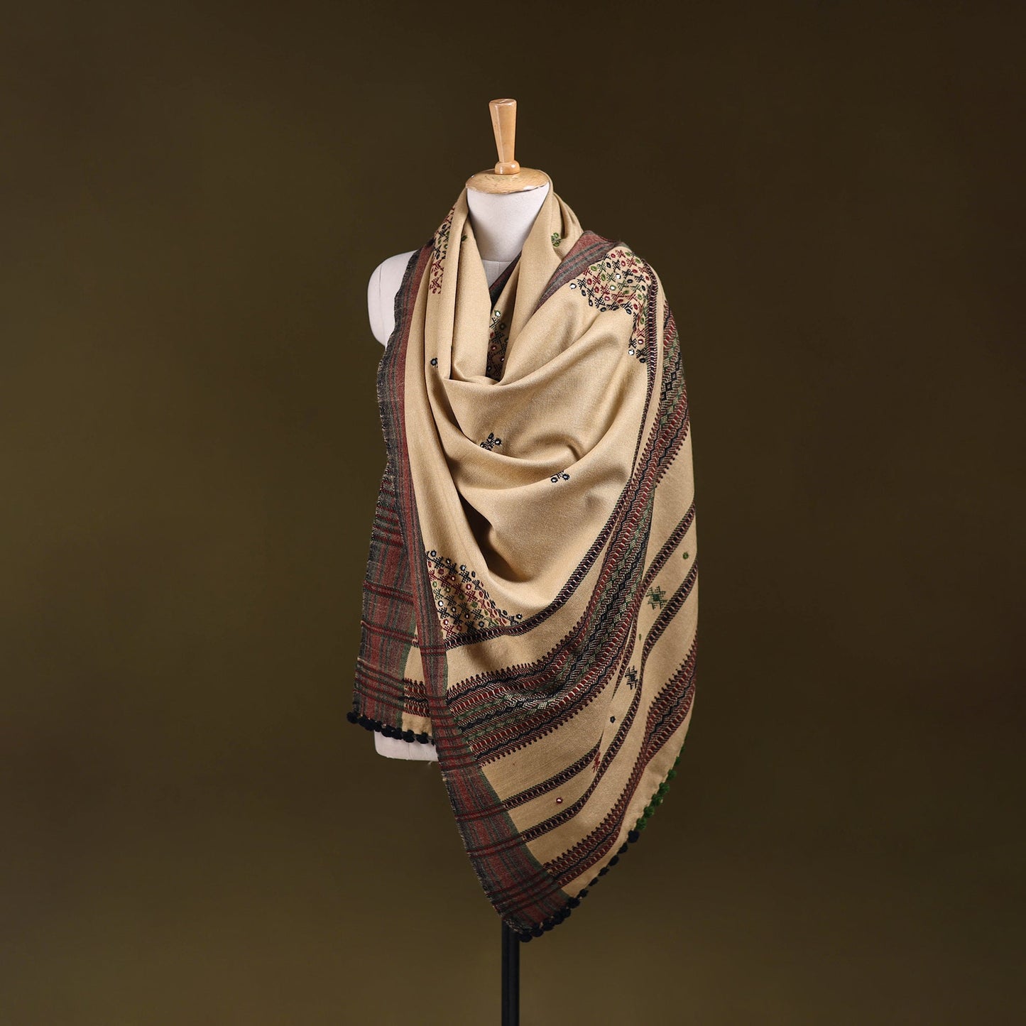 Beige - kutch bhujodi handwoven mirror work acrylic wool