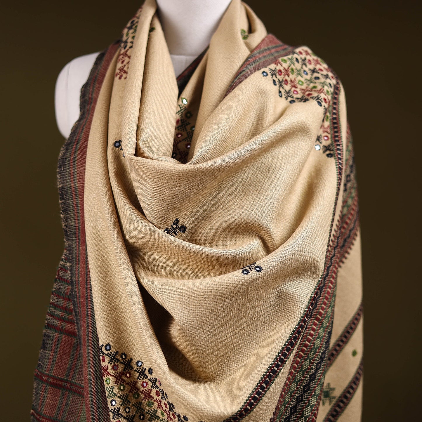 Beige - kutch bhujodi handwoven mirror work acrylic wool