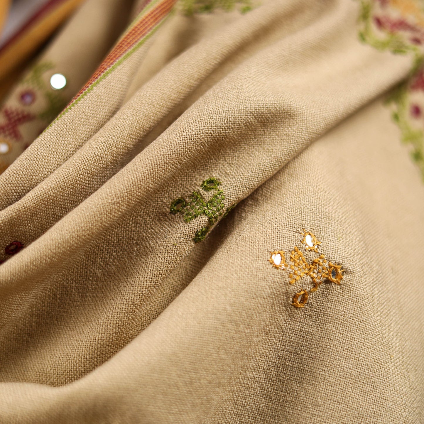 Beige - kutch bhujodi handwoven mirror work acrylic wool