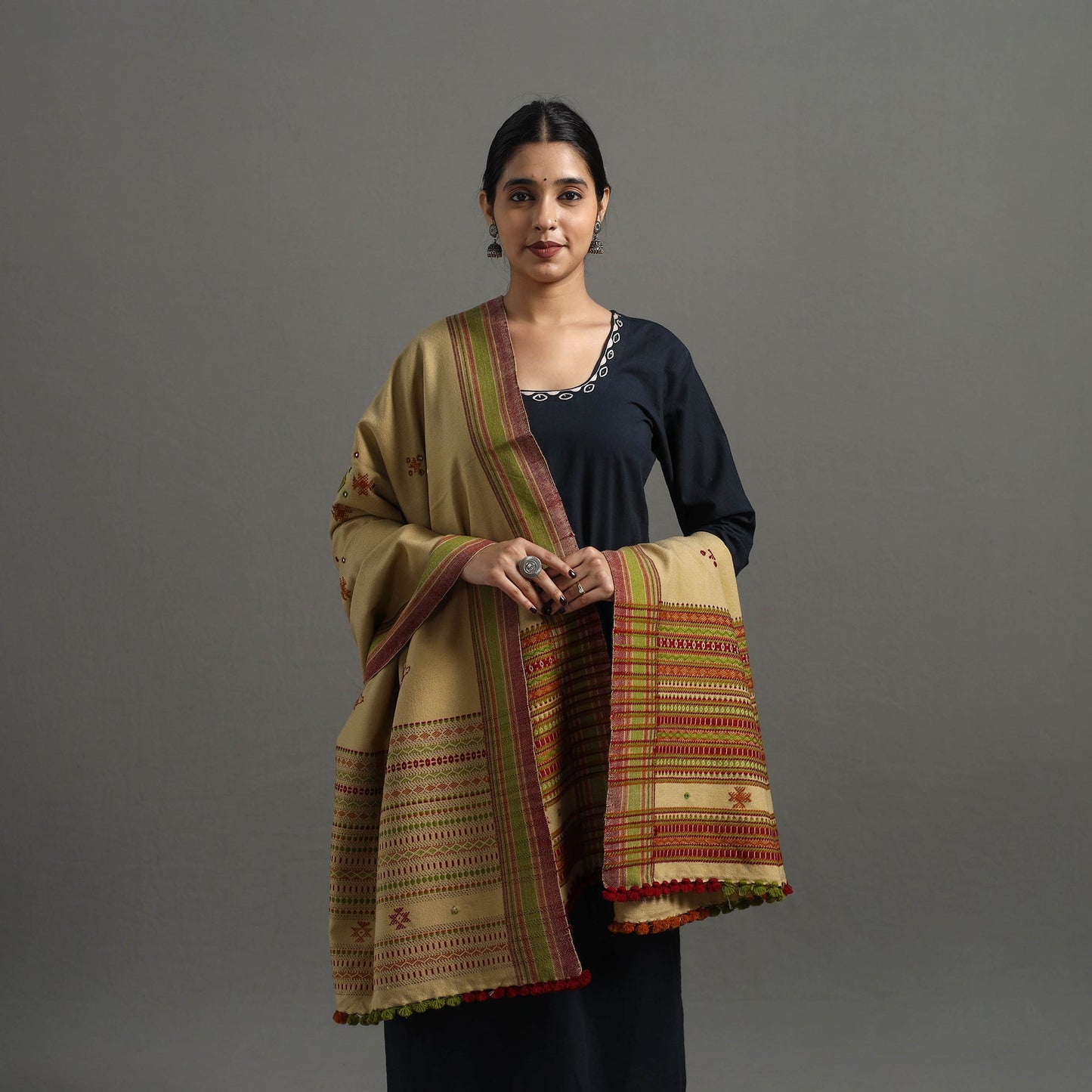  Beige Kutch Handwoven Mirror Work Woollen Shawl 