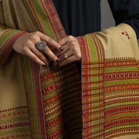  Beige Kutch Handwoven Mirror Work Woollen Shawl 