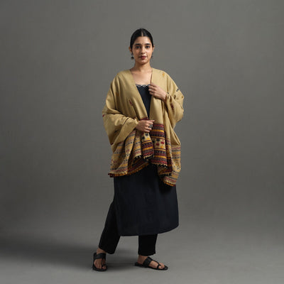  Beige Kutch Handwoven Mirror Work Woollen Shawl 