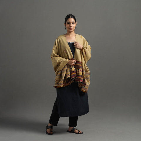  Beige Kutch Handwoven Mirror Work Woollen Shawl 