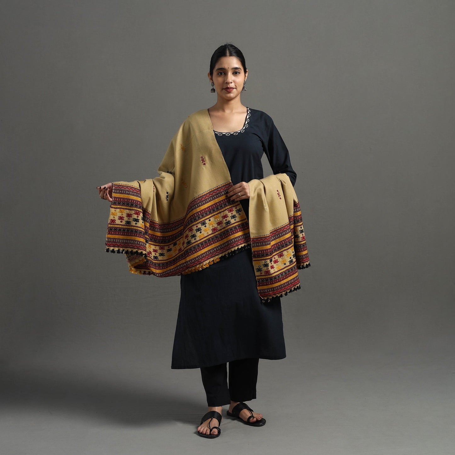  Beige Kutch Handwoven Mirror Work Woollen Shawl 