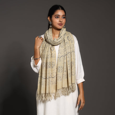 Buy Beige Kutch Handwoven Block Print Wool Ajrakh Stole