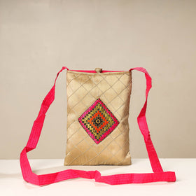 Beige - kutch katri embroidery silk sling bag - handcrafted