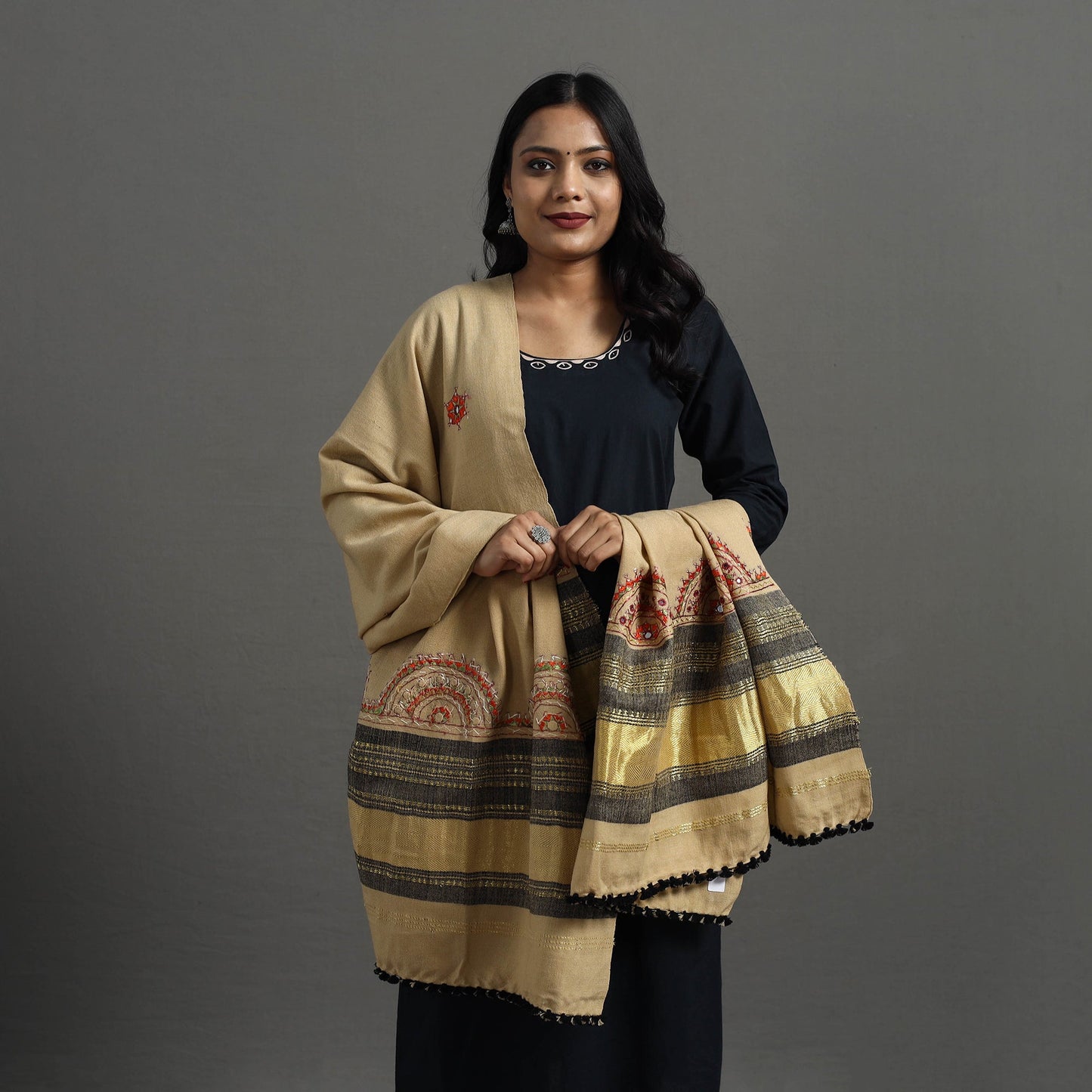 Beige Kutch Neran Hand Embroidery Mirror Work Woollen Shawl