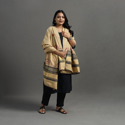 Beige Kutch Neran Hand Embroidery Mirror Work Woollen Shawl