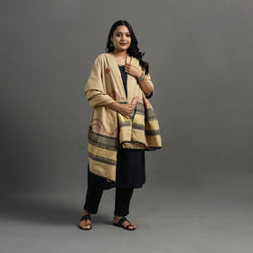Beige Kutch Neran Hand Embroidery Mirror Work Woollen Shawl