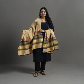 Beige Kutch Neran Hand Embroidery Mirror Work Woollen Shawl