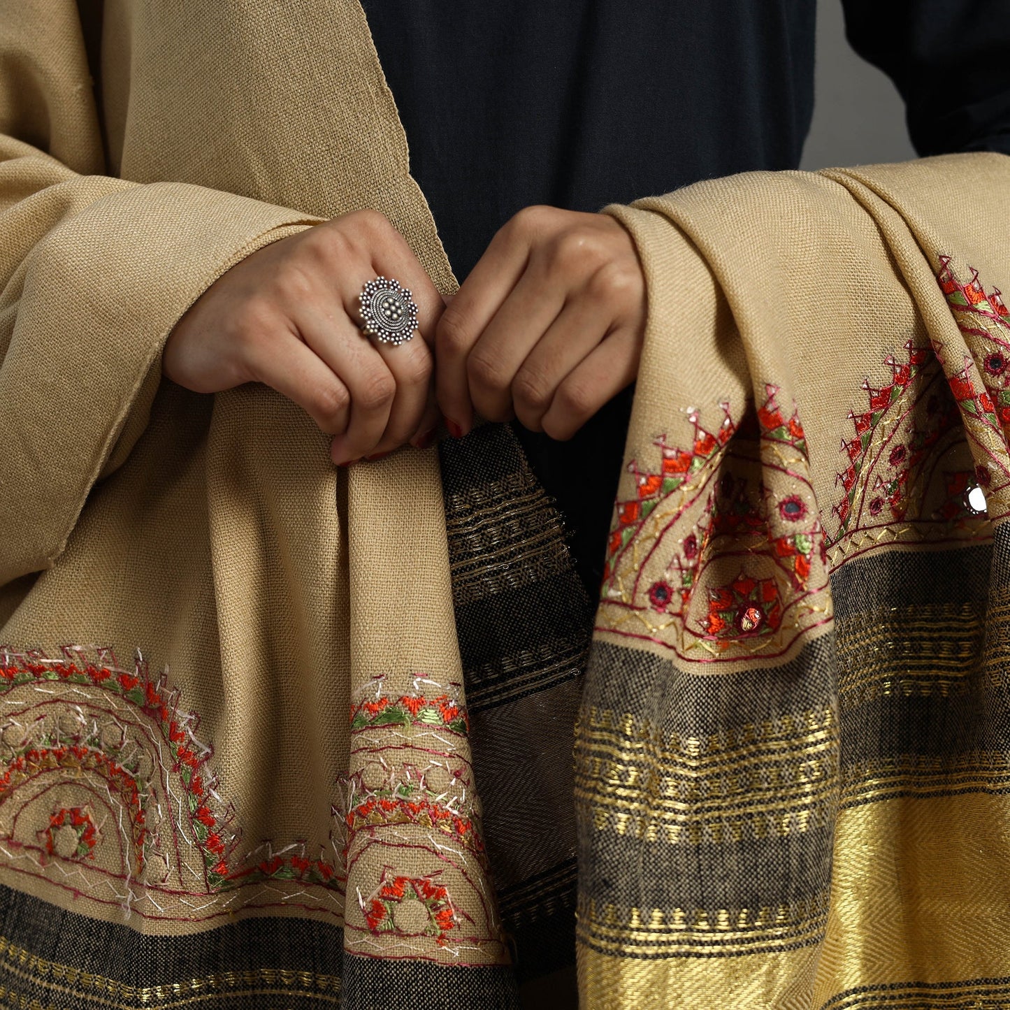 Beige Kutch Neran Hand Embroidery Mirror Work Woollen Shawl