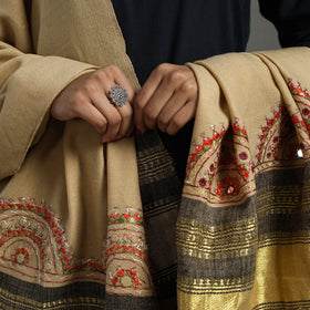 Beige Kutch Neran Hand Embroidery Mirror Work Woollen Shawl
