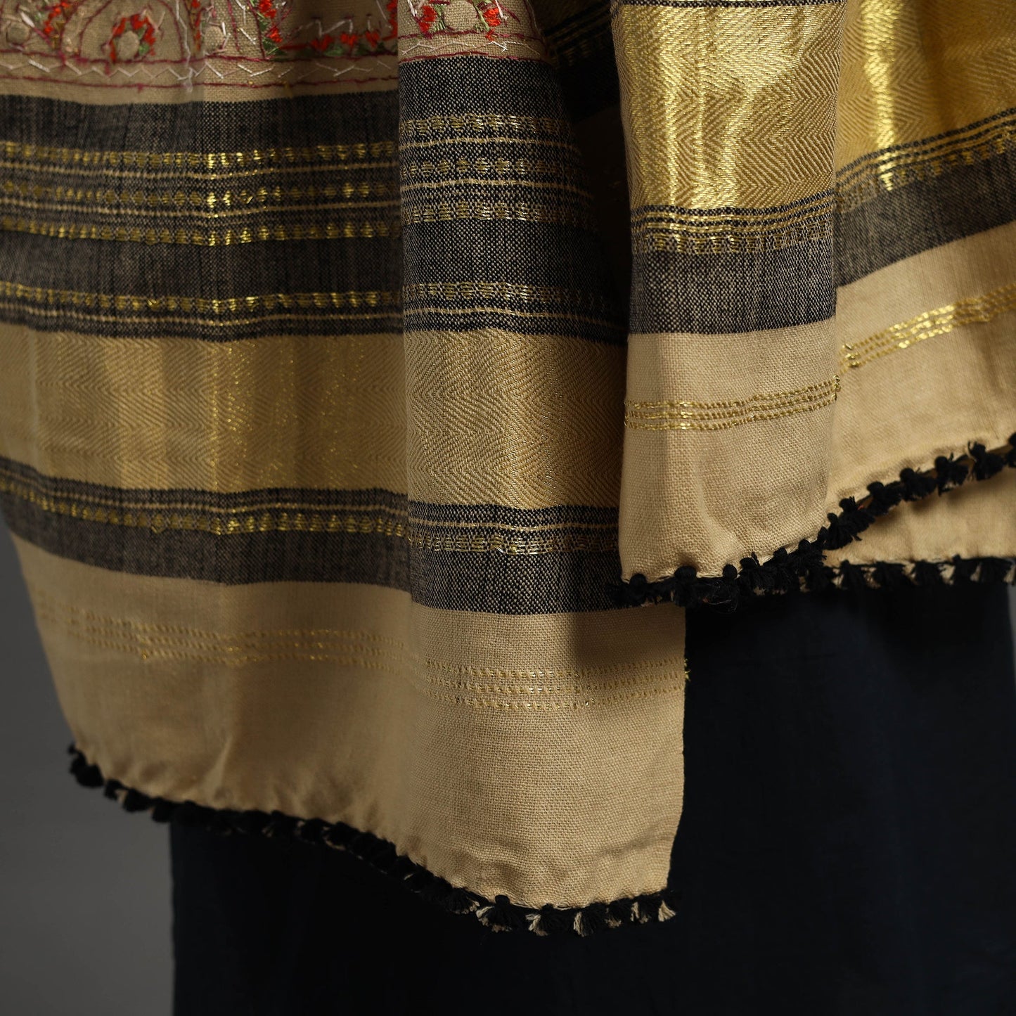 Beige Kutch Neran Hand Embroidery Mirror Work Woollen Shawl