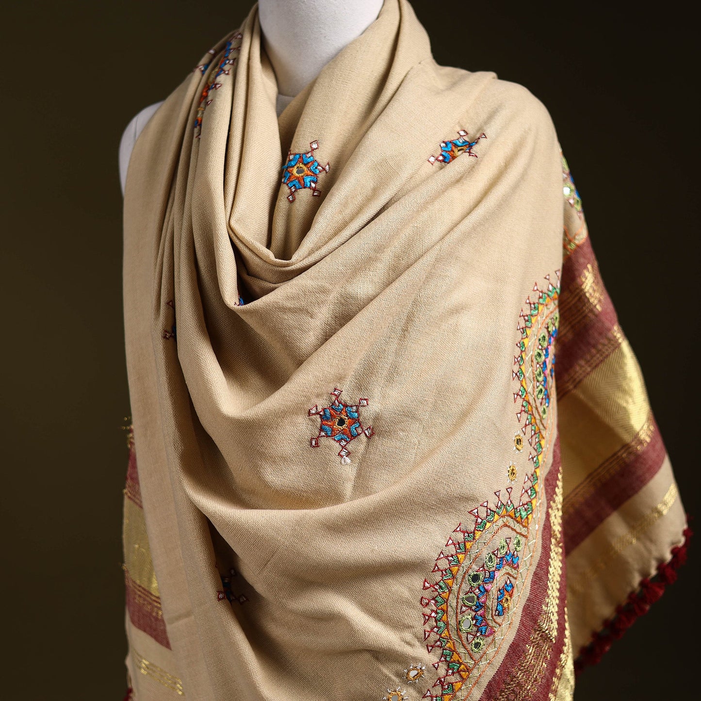 Beige - kutch neran hand embroidery mirror work woollen