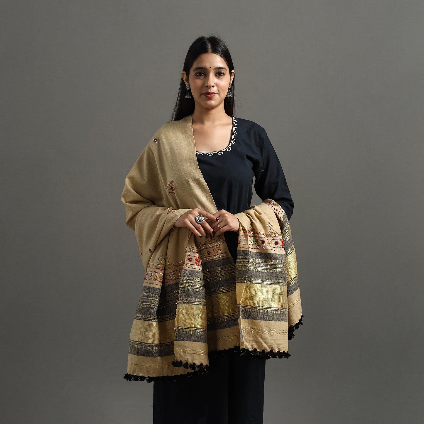 Beige Kutch Neran Hand Embroidery Mirror Work Woollen Shawl