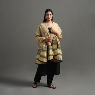 Beige Kutch Neran Hand Embroidery Mirror Work Woollen Shawl