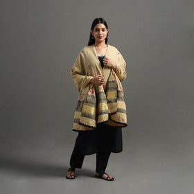 Beige Kutch Neran Hand Embroidery Mirror Work Woollen Shawl