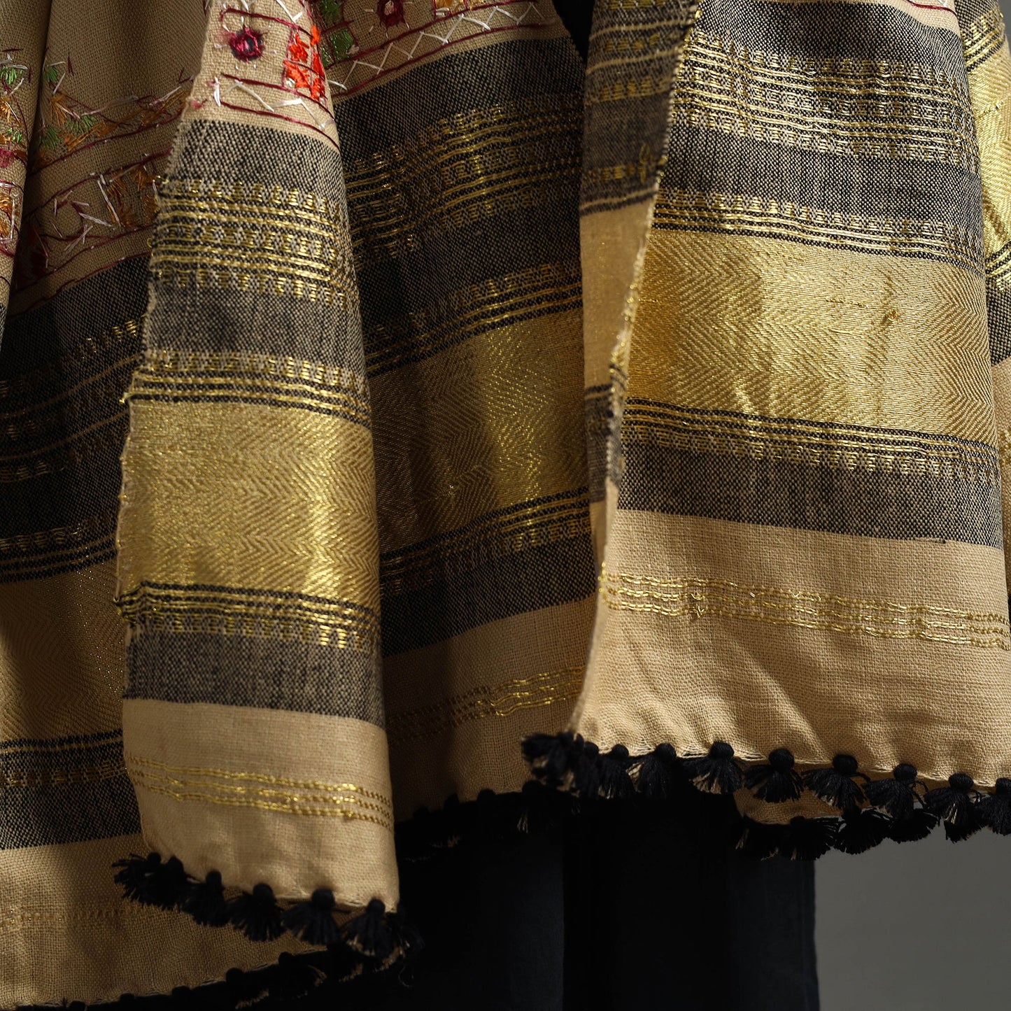 Beige Kutch Neran Hand Embroidery Mirror Work Woollen Shawl