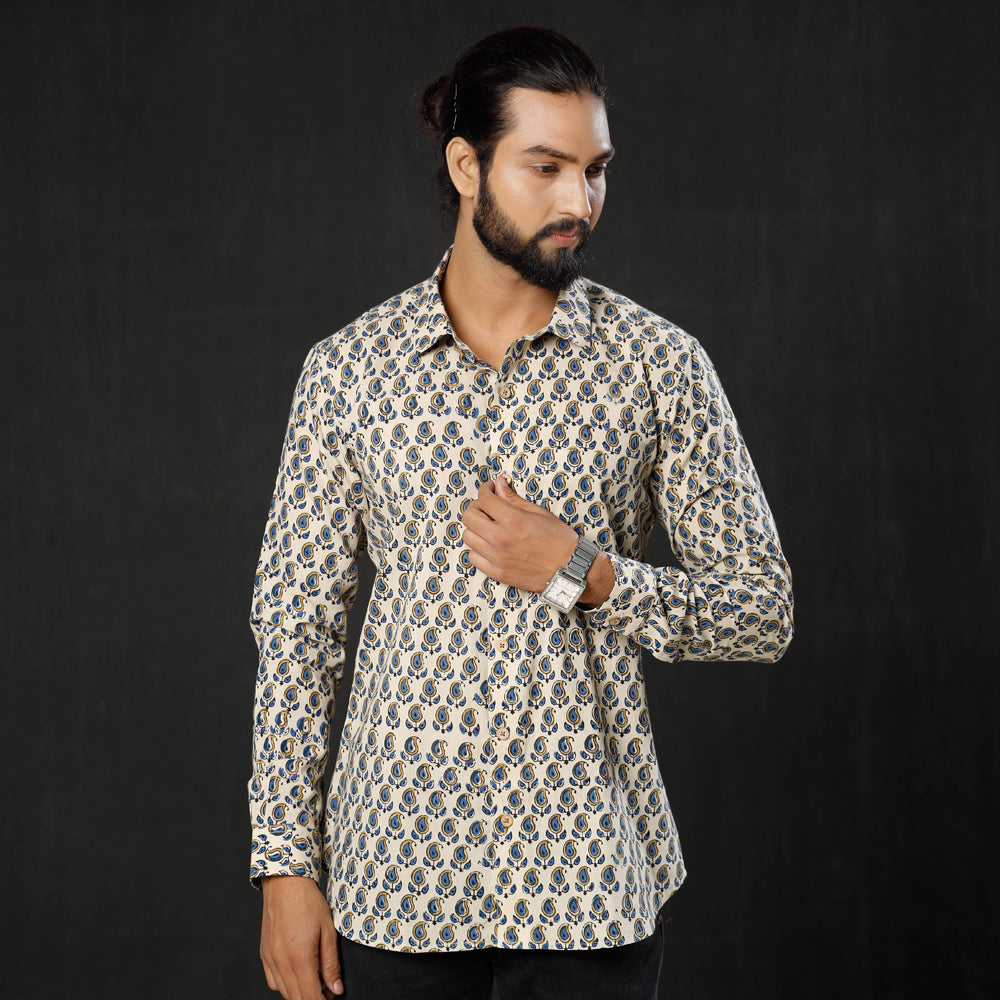 Buy Beige Ajrakh Print Cotton Men Full Sleeve Shirt iTokri Casuals