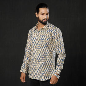 Buy Beige Ajrakh Print Cotton Men Full Sleeve Shirt iTokri Casuals