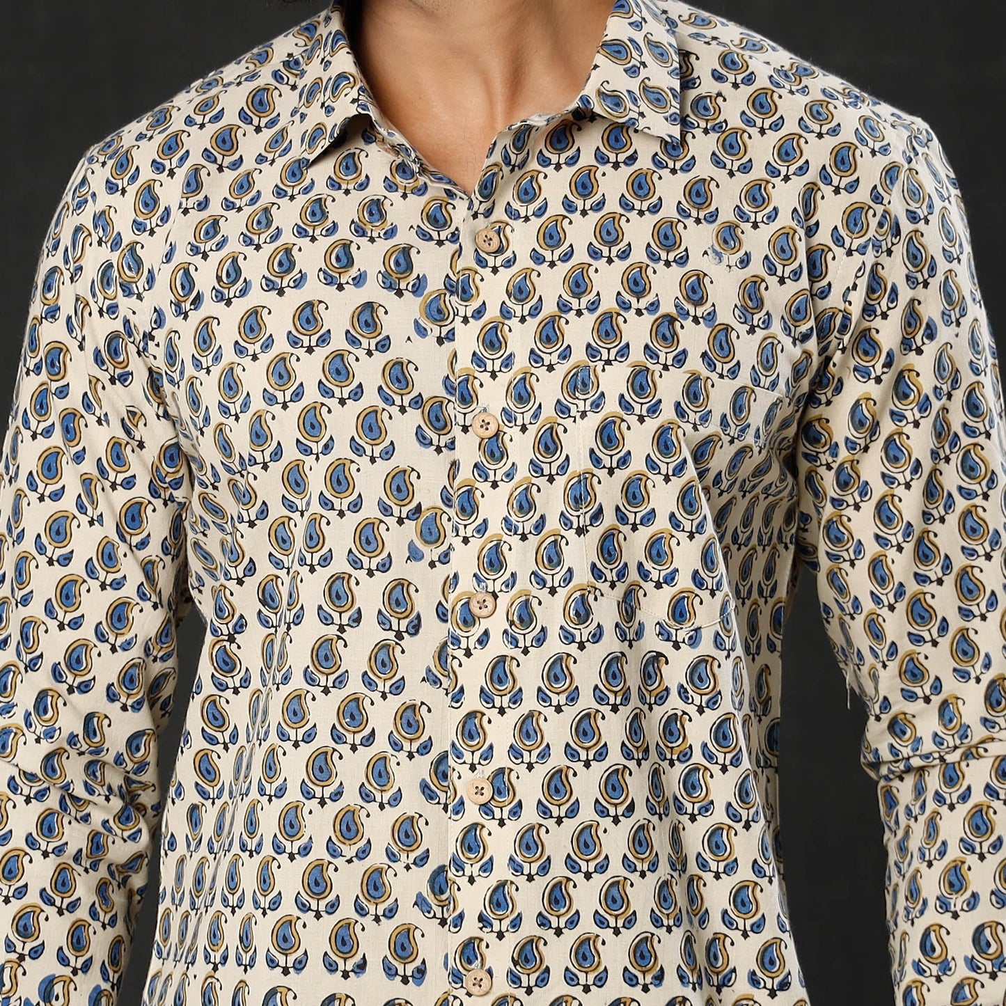 Buy Beige Ajrakh Print Cotton Men Full Sleeve Shirt iTokri Casuals