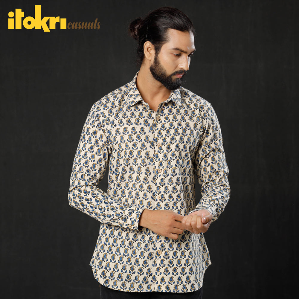 Buy Beige Ajrakh Print Cotton Men Full Sleeve Shirt iTokri Casuals
