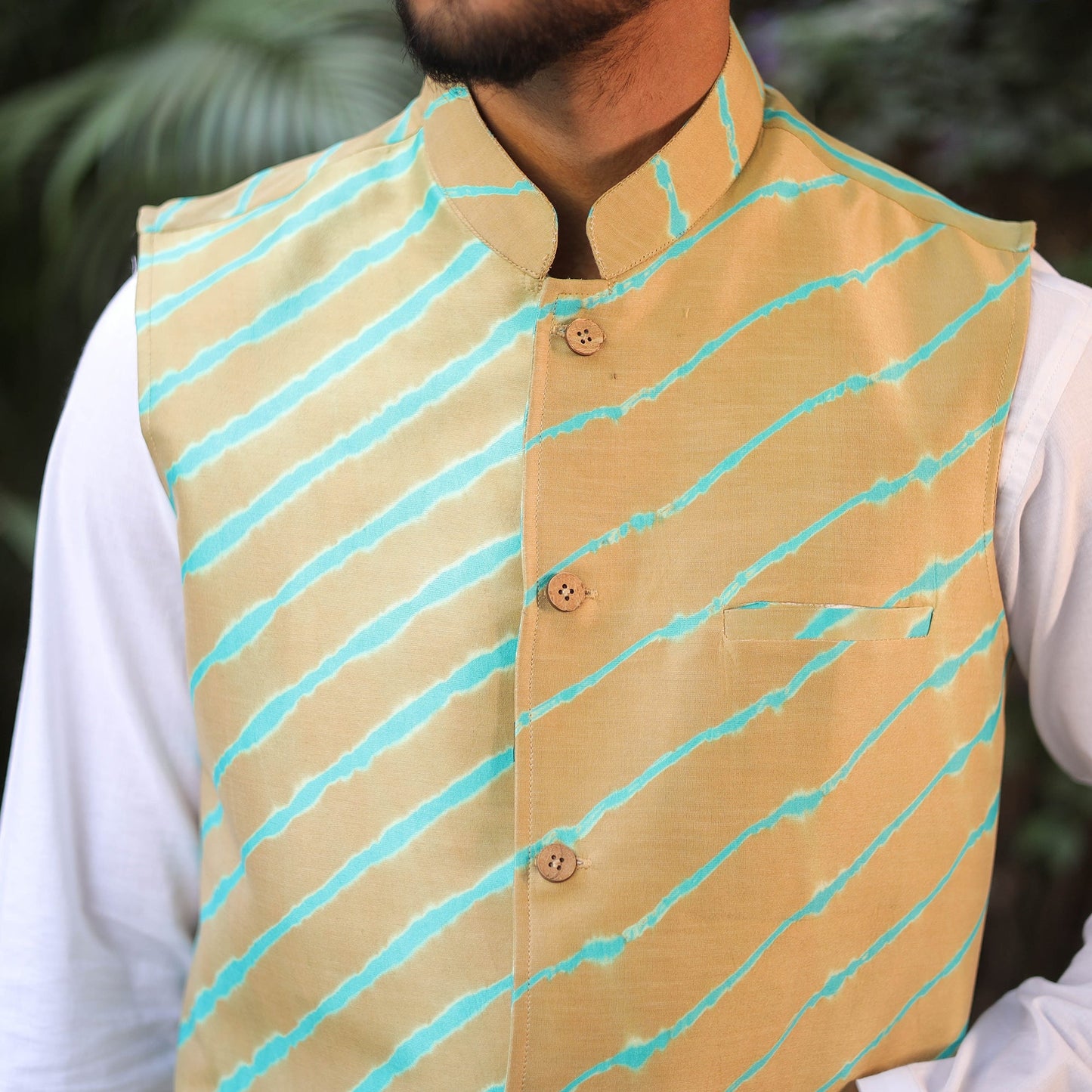 Leheriya Tie & Dye Chanderi Silk Handloom Beige Nehru Jacket
