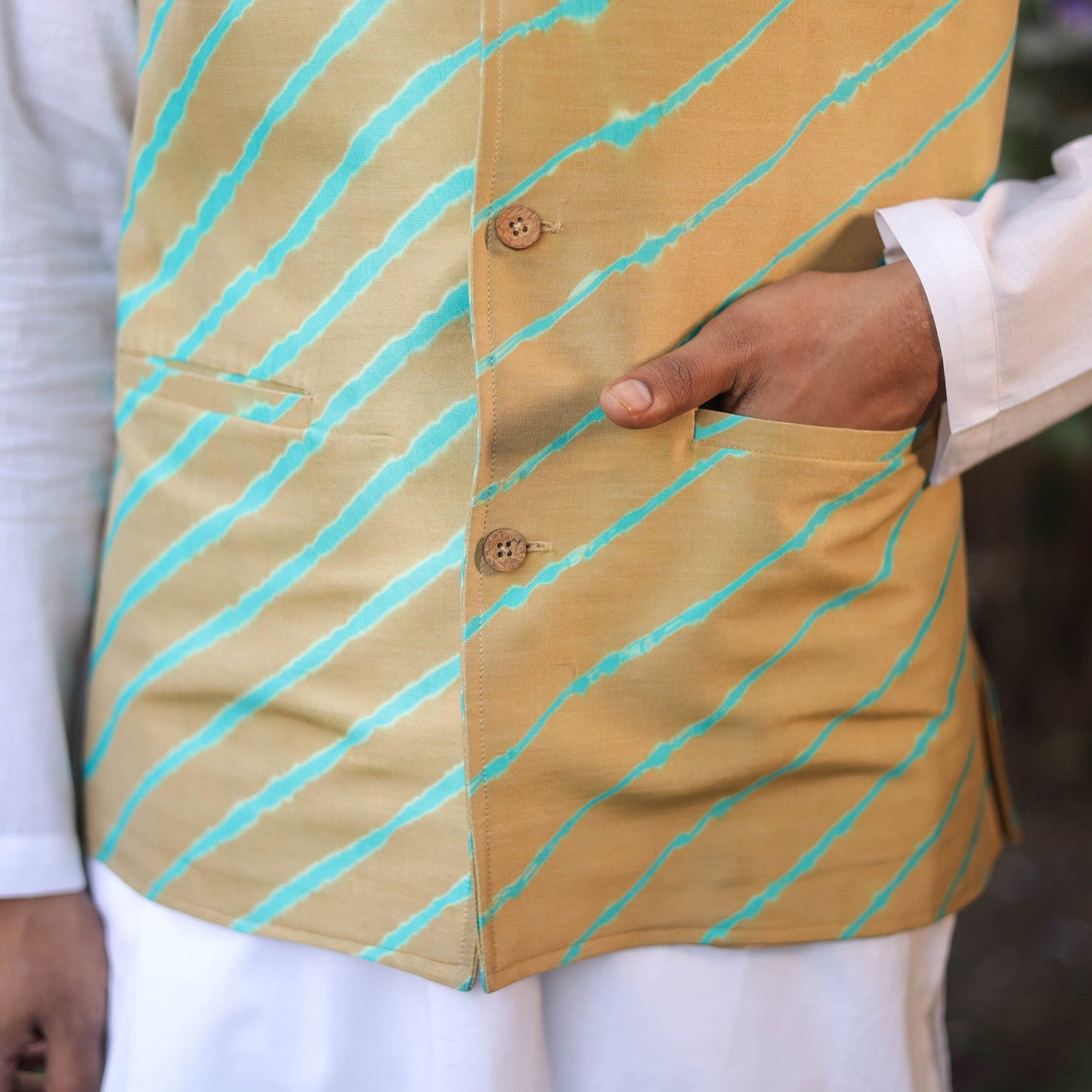 Leheriya Tie & Dye Chanderi Silk Handloom Beige Nehru Jacket