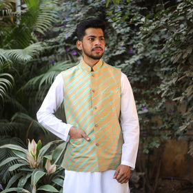Leheriya Tie & Dye Chanderi Silk Handloom Beige Nehru Jacket