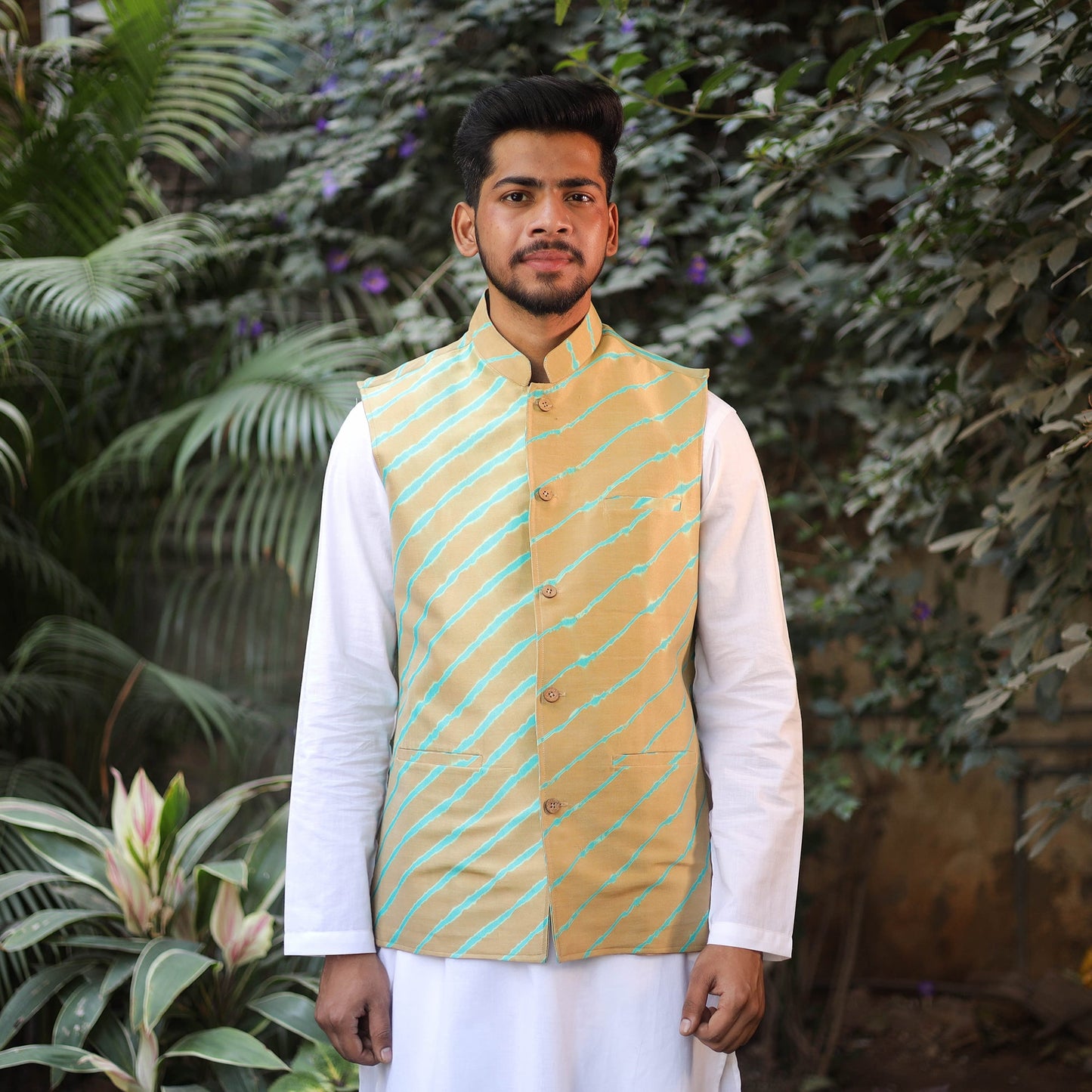 Leheriya Tie & Dye Chanderi Silk Handloom Beige Nehru Jacket